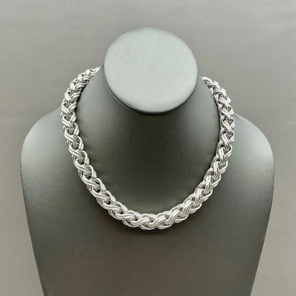 Vintage Monet Necklace Silver Tone Chunky Braided Rope Chain Statement 16